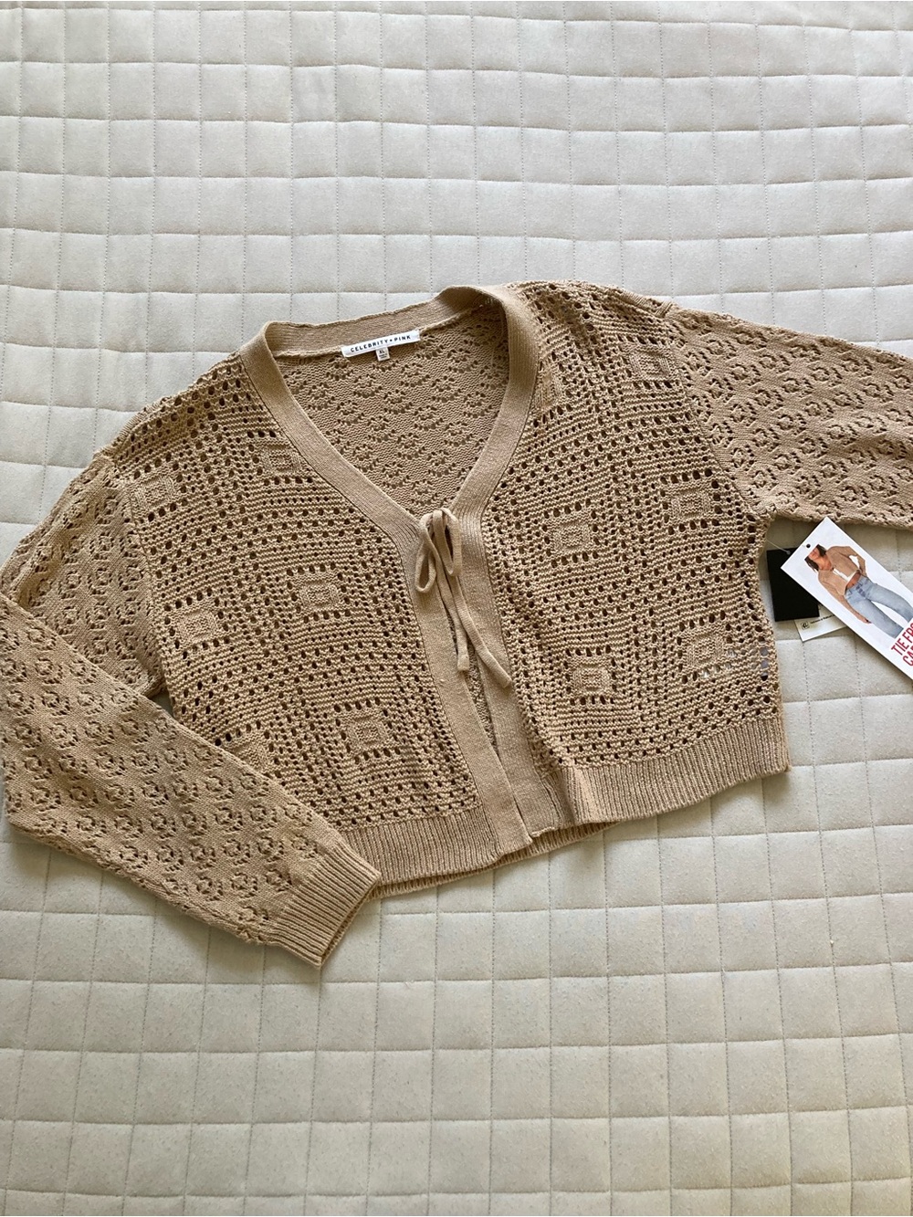 Celebrity Pink Women’s Tan Open-Knit Tie-Front Cropped Cardigan